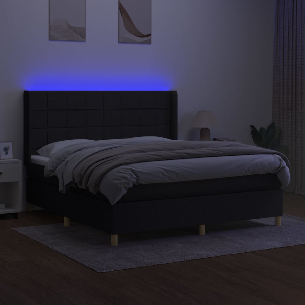 fekete szövet rugós és LED-es ágy matraccal 160x200 cm