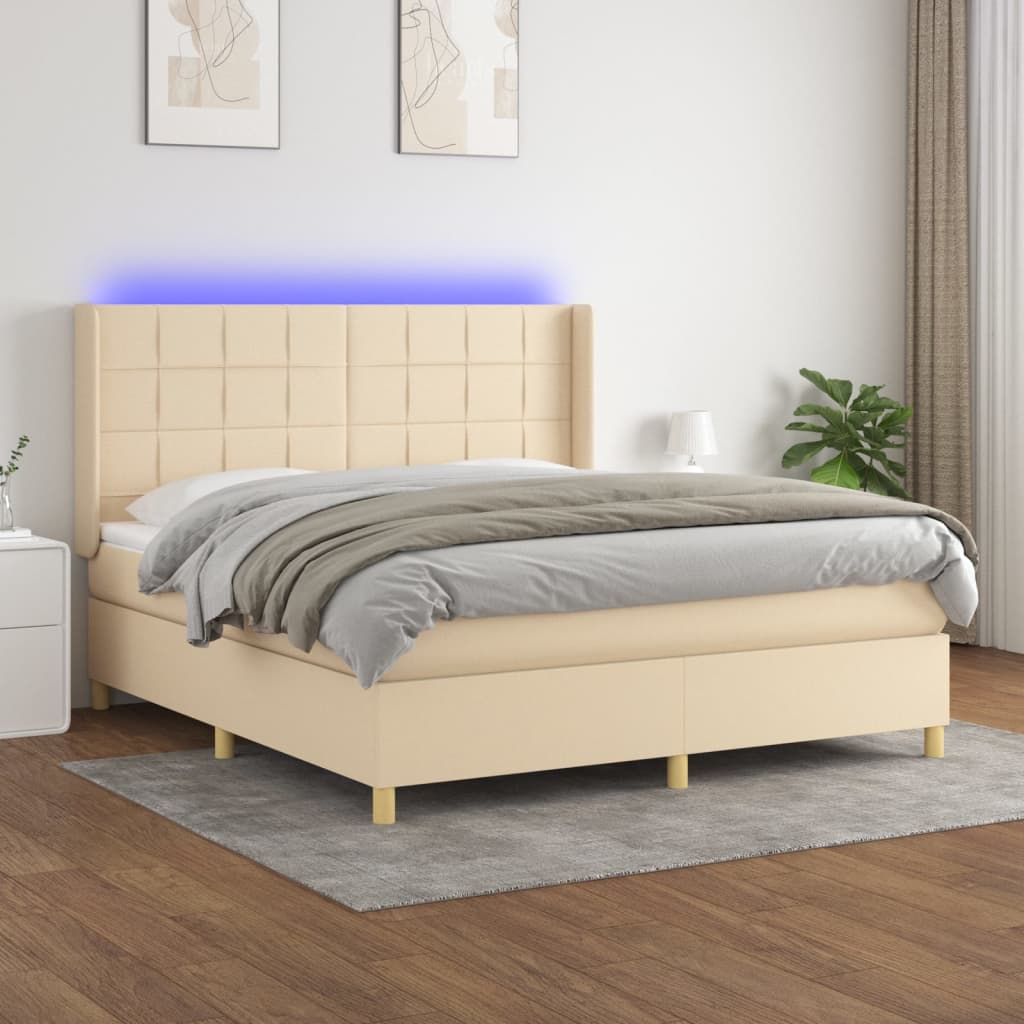 krémszínű szövet rugós és LED-es ágy matraccal 160x200 cm