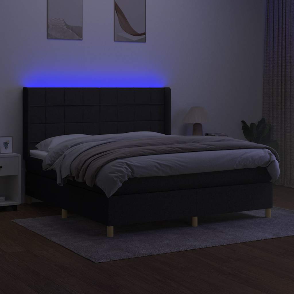 fekete szövet rugós és LED-es ágy matraccal 180 x 200 cm