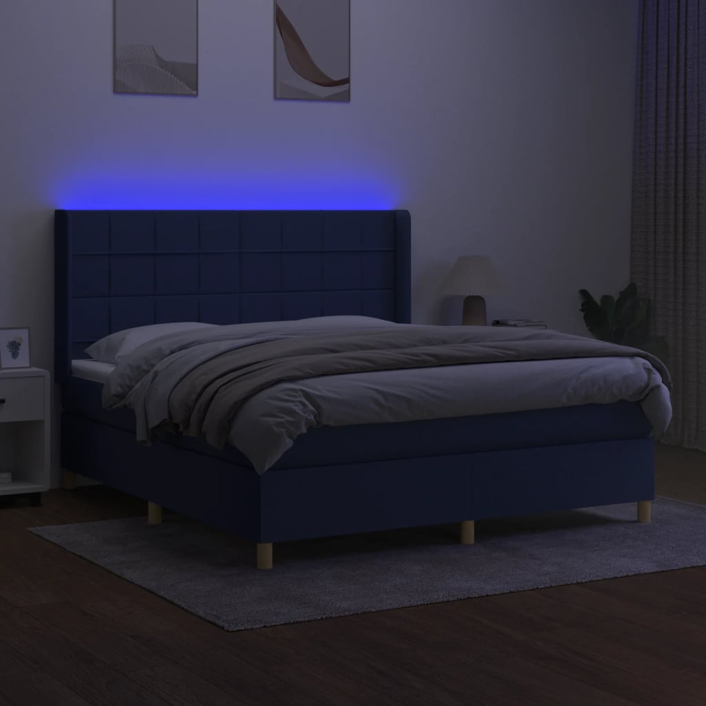 kék szövet rugós és LED-es ágy matraccal 180 x 200 cm