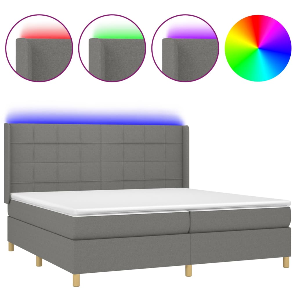 sötétszürke szövet rugós és LED-es ágy matraccal 200x200 cm