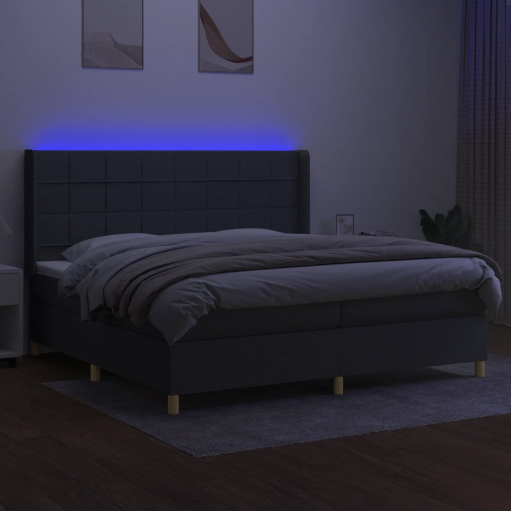 sötétszürke szövet rugós és LED-es ágy matraccal 200x200 cm