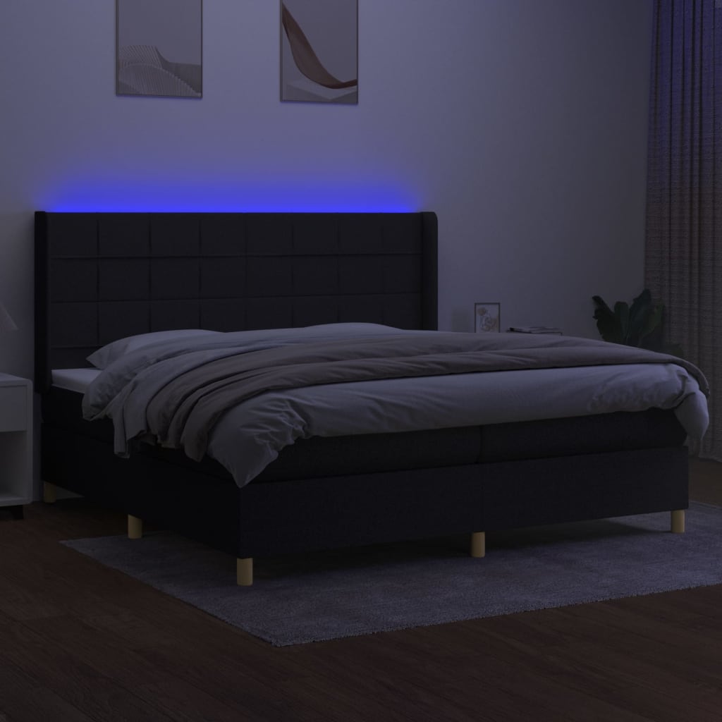 fekete szövet rugós és LED-es ágy matraccal 200x200 cm