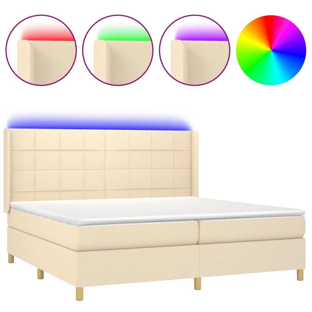 krémszínű szövet rugós és LED-es ágy matraccal 200 x 200 cm