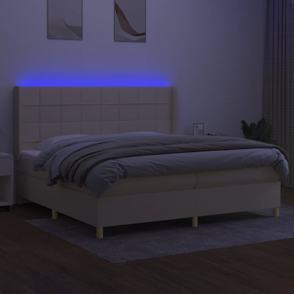 krémszínű szövet rugós és LED-es ágy matraccal 200 x 200 cm