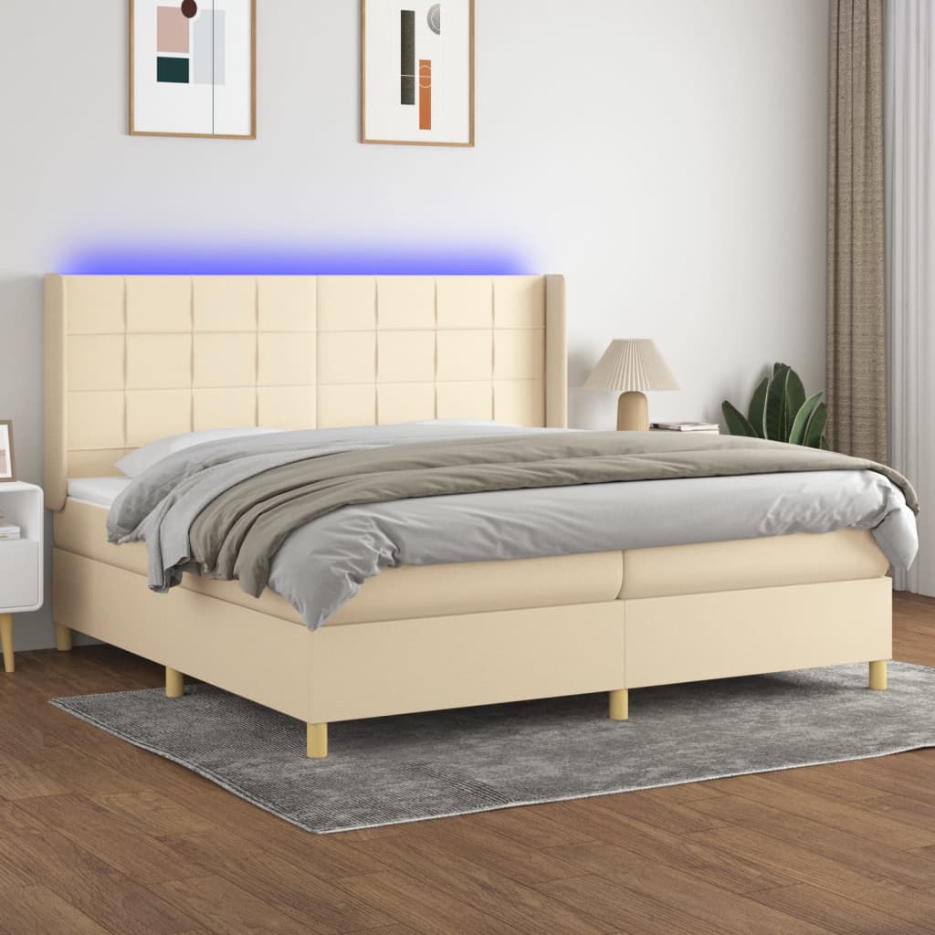 krémszínű szövet rugós és LED-es ágy matraccal 200 x 200 cm