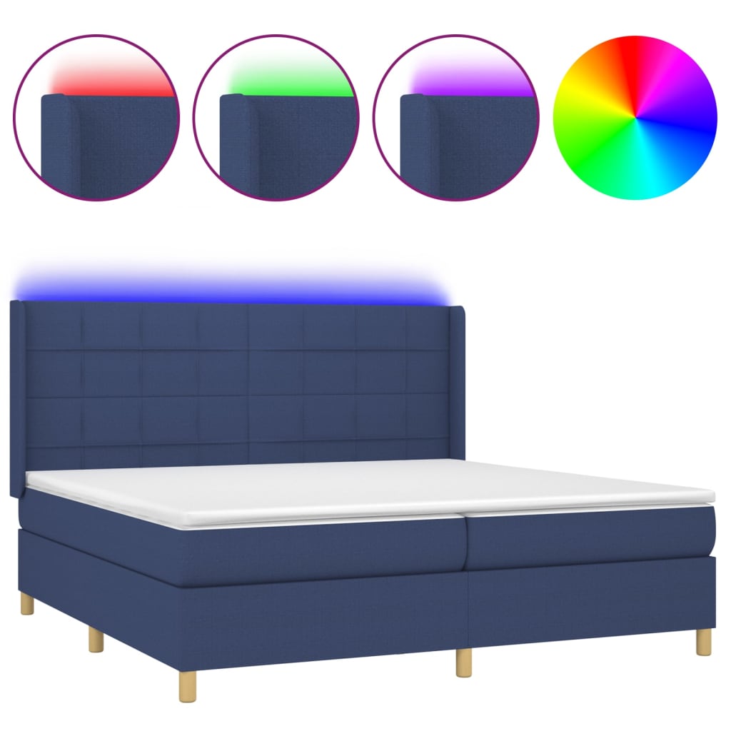 kék szövet rugós és LED-es ágy matraccal 200 x 200 cm