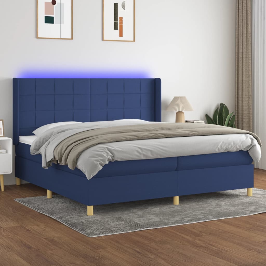 kék szövet rugós és LED-es ágy matraccal 200 x 200 cm