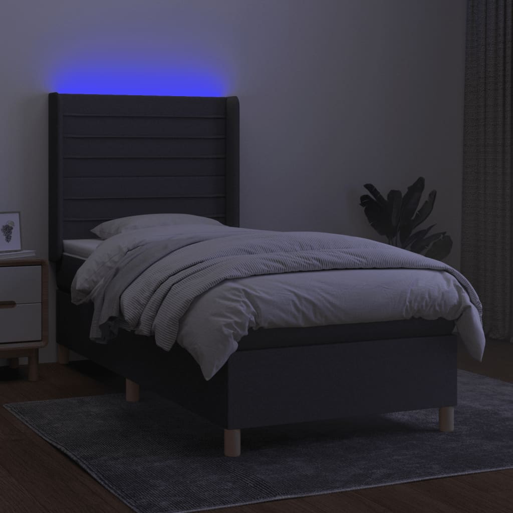 sötétszürke szövet rugós és LED-es ágy matraccal 80 x 200 cm