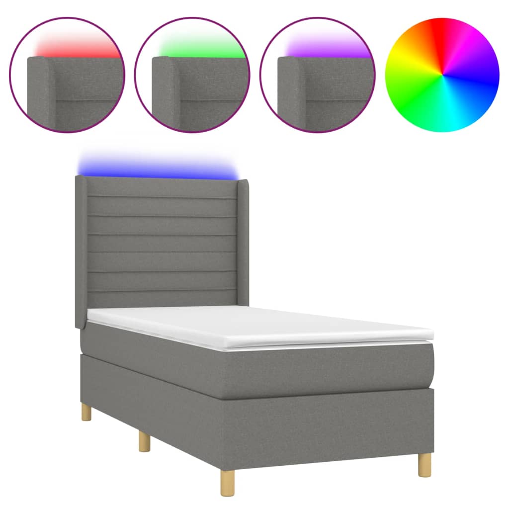 sötétszürke szövet rugós és LED-es ágy matraccal 90x190 cm