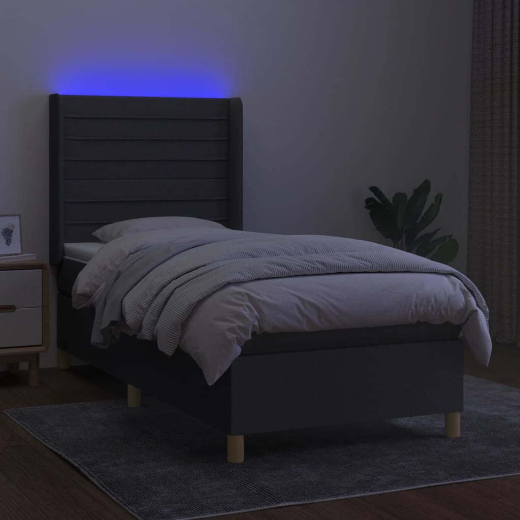 sötétszürke szövet rugós és LED-es ágy matraccal 90x190 cm