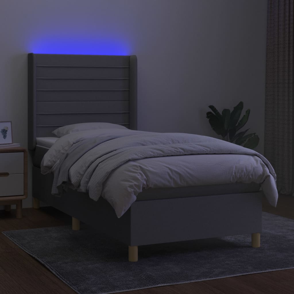 világosszürke szövet rugós és LED-es ágy matraccal 90x200 cm
