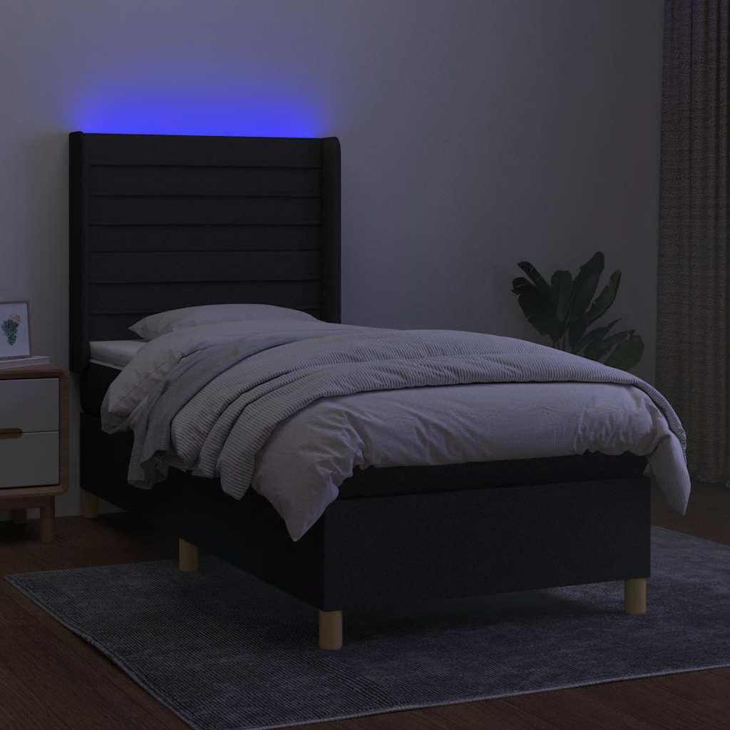 fekete szövet rugós és LED-es ágy matraccal 90x200 cm