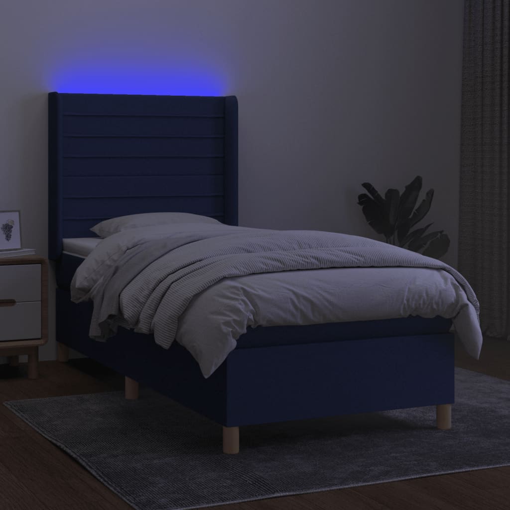 kék szövet rugós és LED-es ágy matraccal 100x200 cm