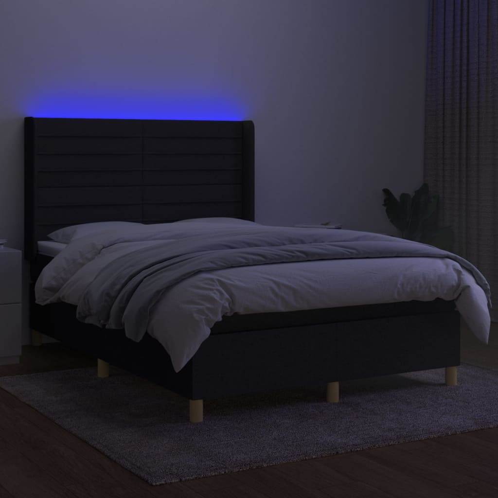 fekete szövet rugós és LED-es ágy matraccal 140x200 cm
