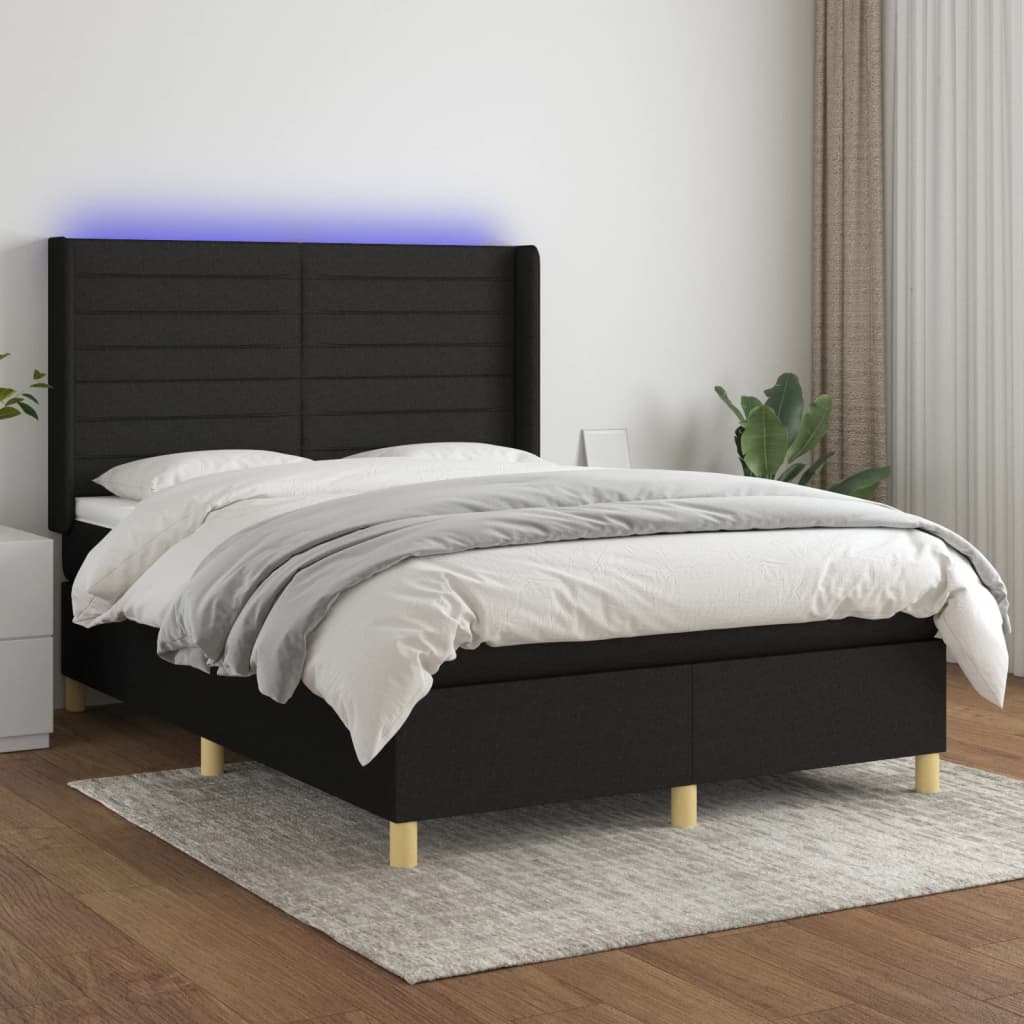 fekete szövet rugós és LED-es ágy matraccal 140x200 cm