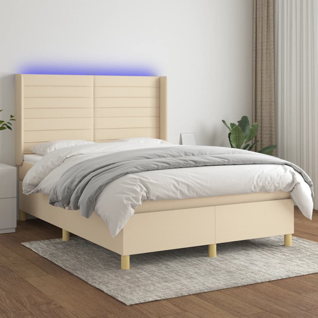 krémszínű szövet rugós és LED-es ágy matraccal 140x200 cm
