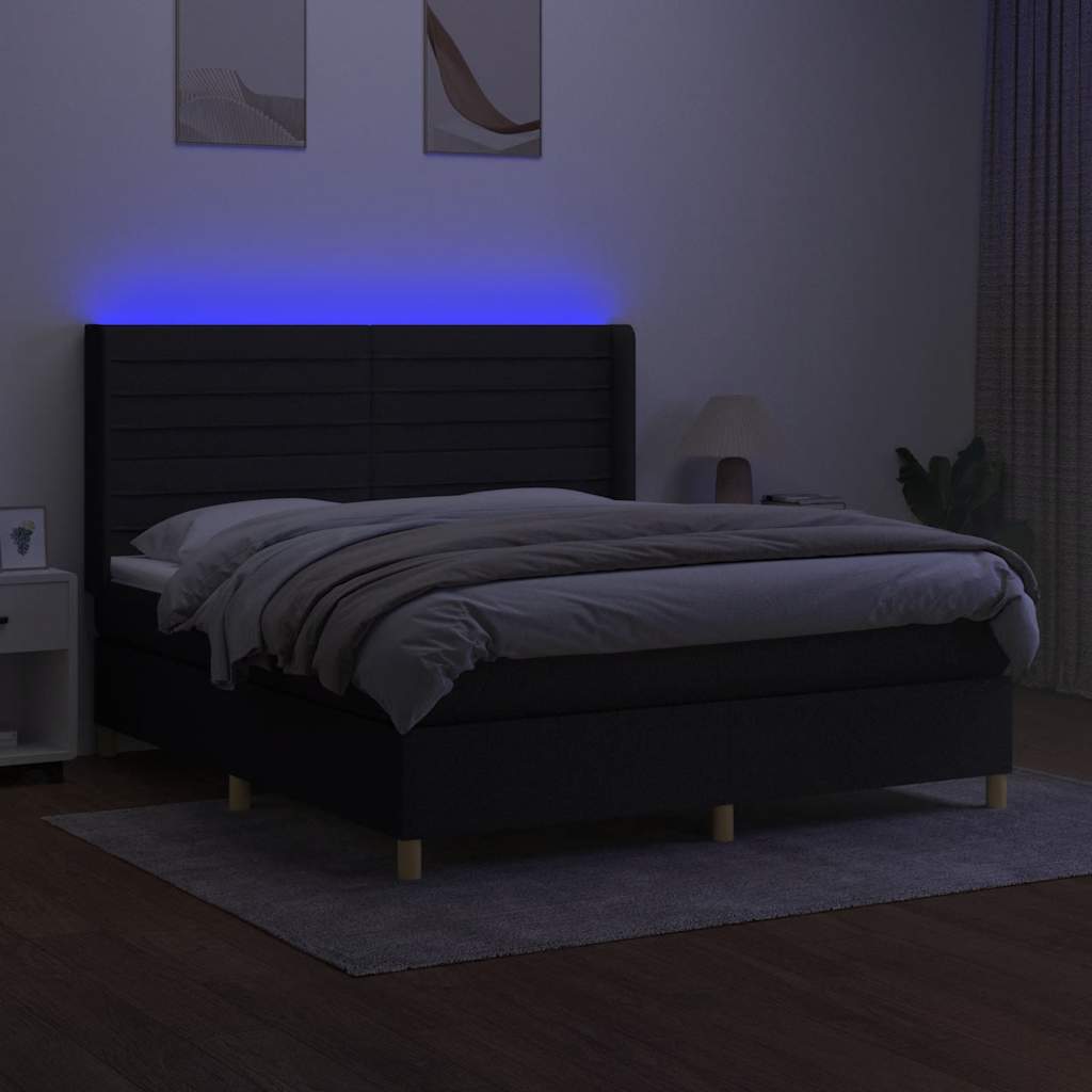 fekete szövet rugós és LED-es ágy matraccal 180 x 200 cm