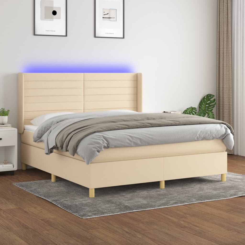 krémszínű szövet rugós és LED-es ágy matraccal 180 x 200 cm