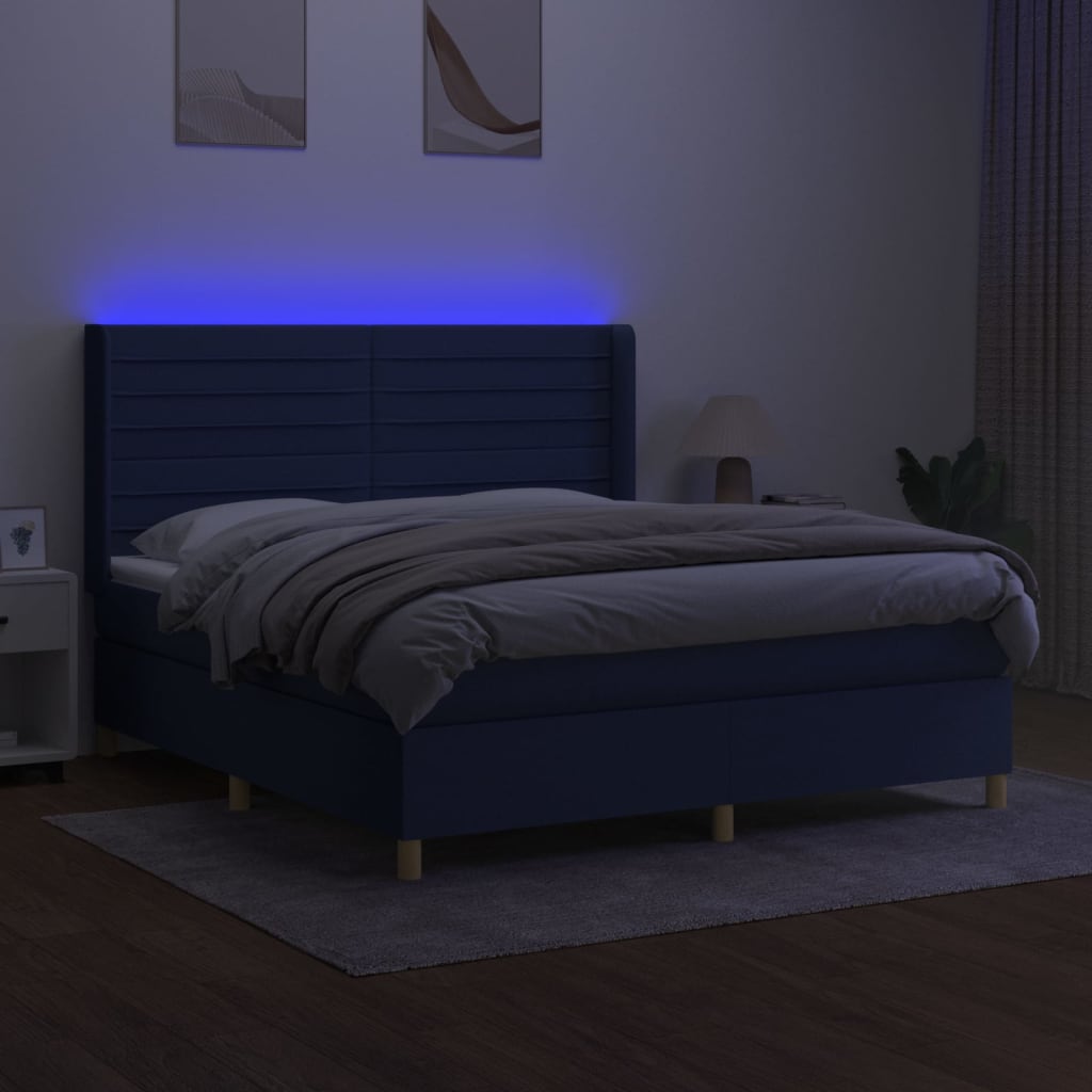 kék szövet rugós és LED-es ágy matraccal 180 x 200 cm
