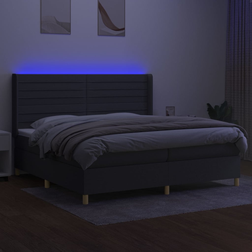 sötétszürke szövet rugós és LED-es ágy matraccal 200x200 cm