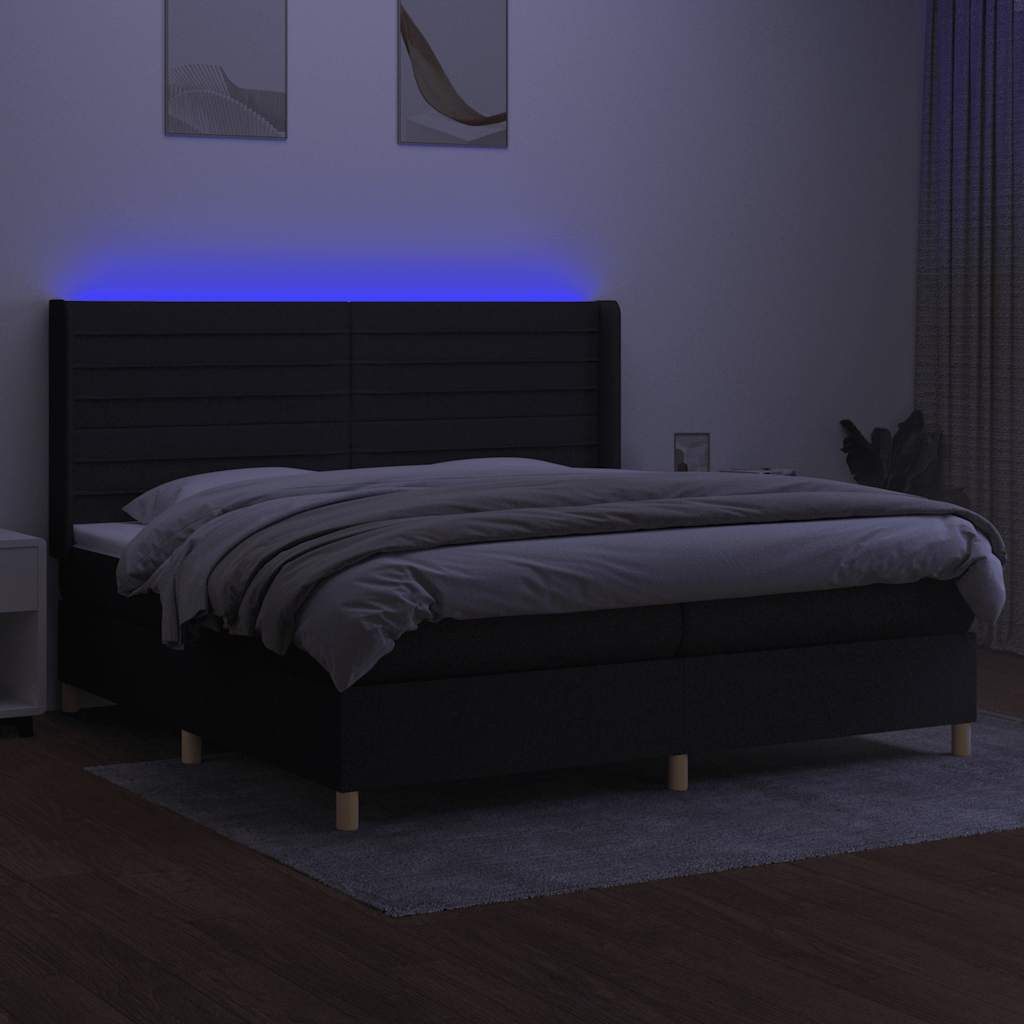 fekete szövet rugós és LED-es ágy matraccal 200x200 cm