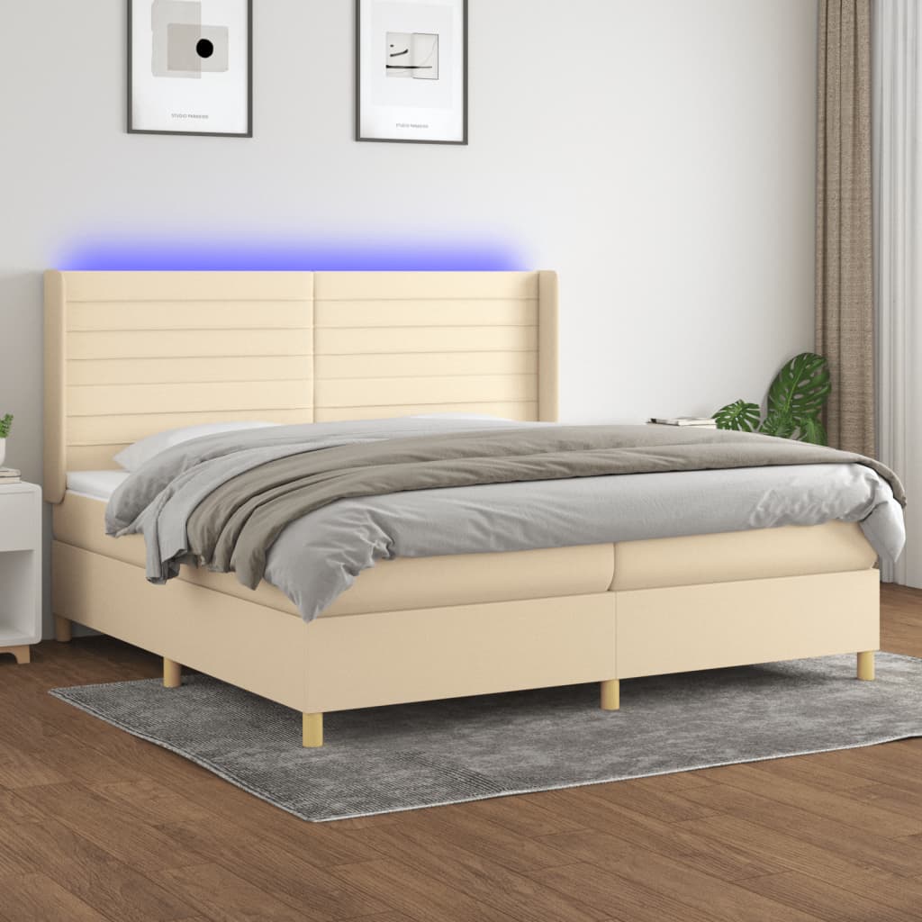 krémszínű szövet rugós és LED-es ágy matraccal 200 x 200 cm