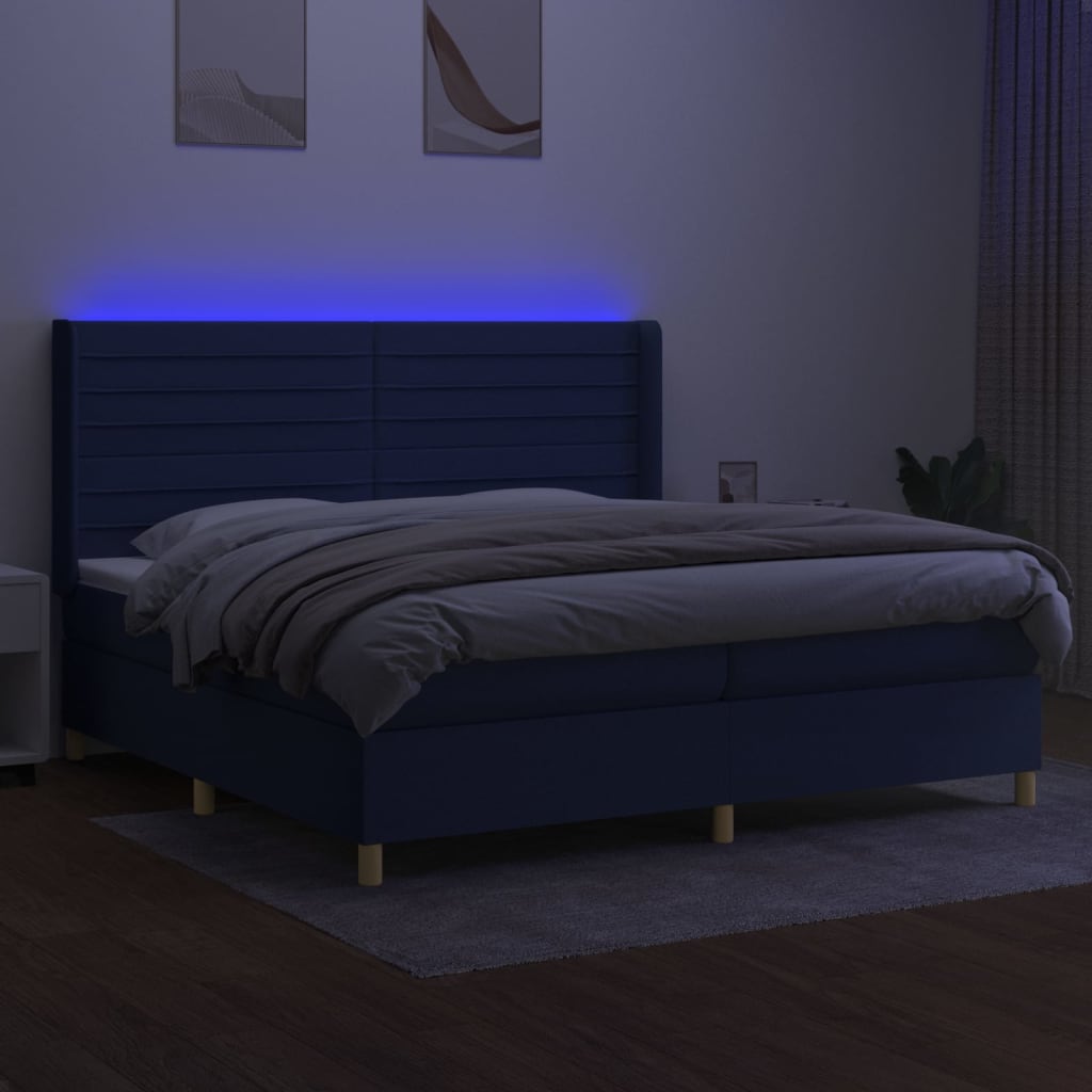 kék szövet rugós és LED-es ágy matraccal 200 x 200 cm