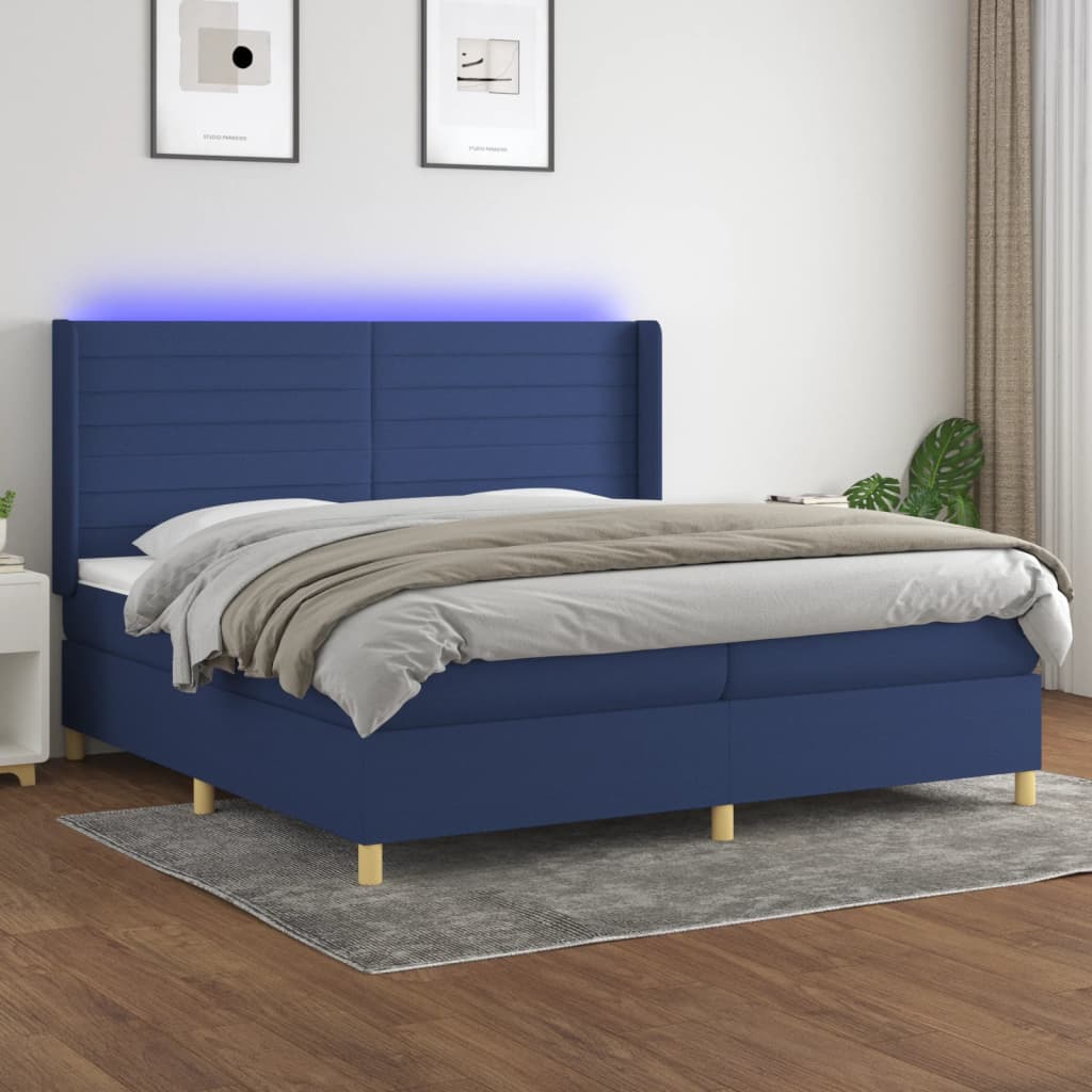 kék szövet rugós és LED-es ágy matraccal 200 x 200 cm