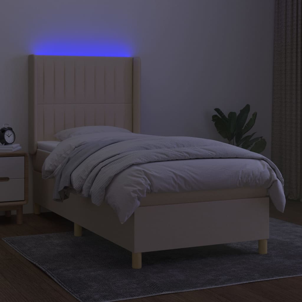krémszínű szövet rugós és LED-es ágy matraccal 90x190 cm