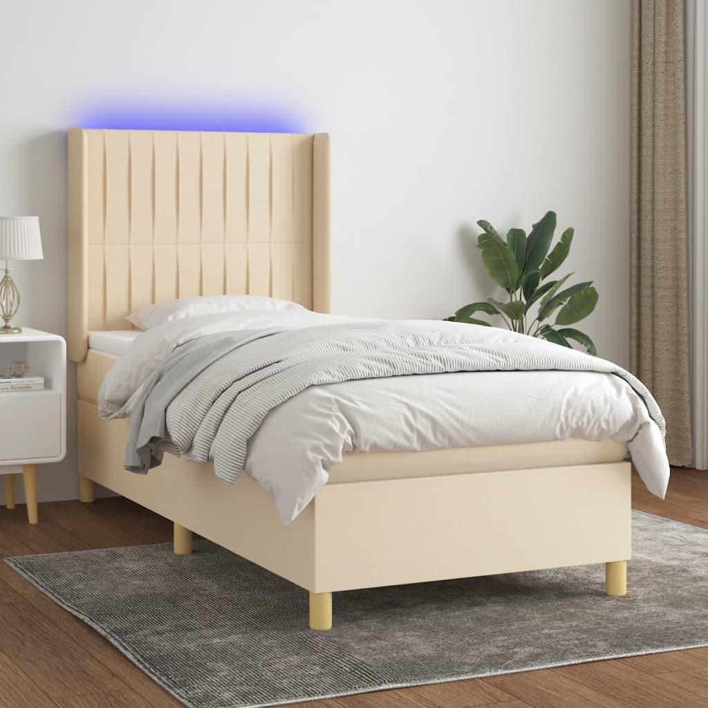 krémszínű szövet rugós és LED-es ágy matraccal 90x190 cm