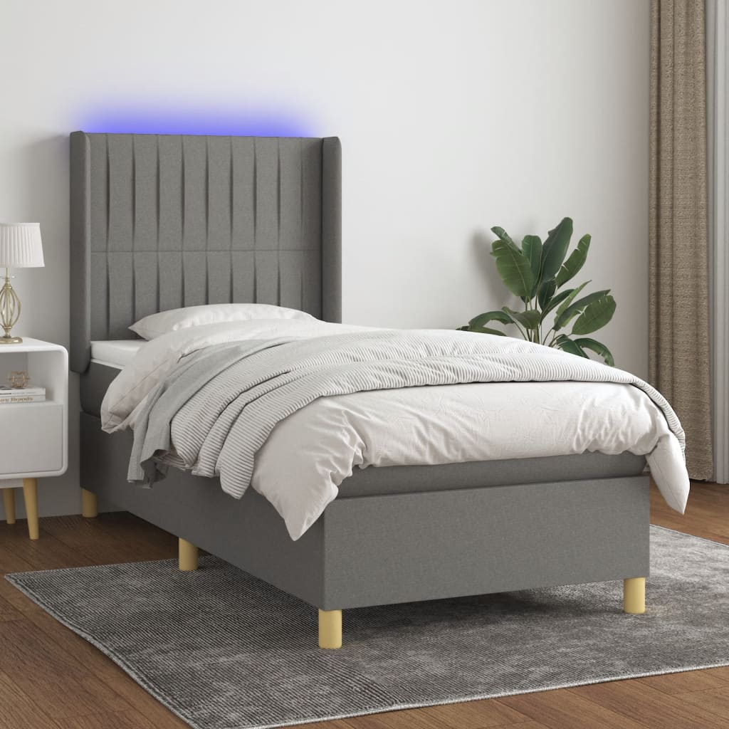 sötétszürke szövet rugós és LED-es ágy matraccal 90x200 cm