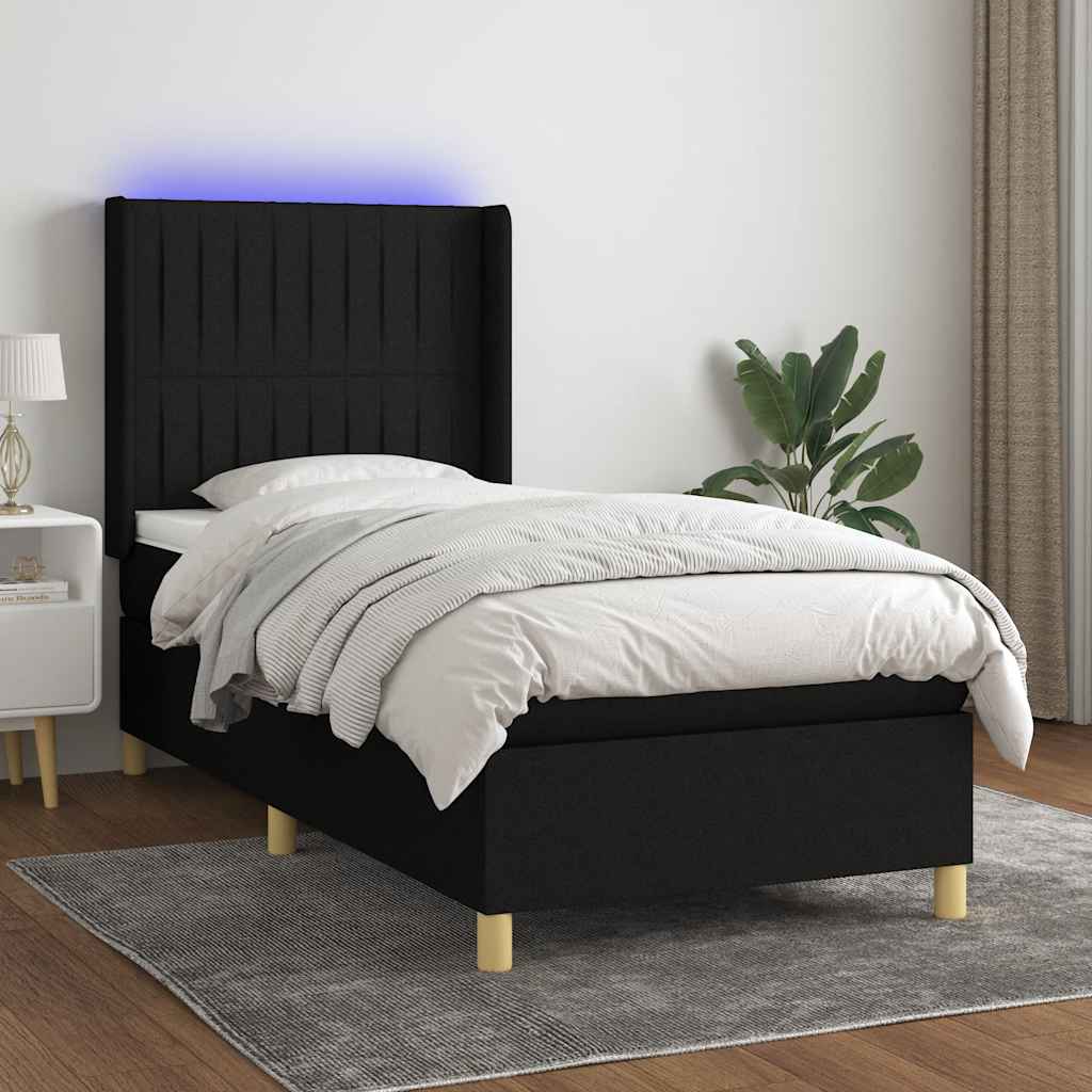 fekete szövet rugós és LED-es ágy matraccal 90x200 cm