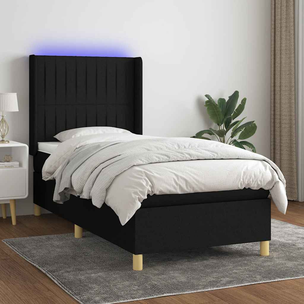 fekete szövet rugós és LED-es ágy matraccal 100x200 cm
