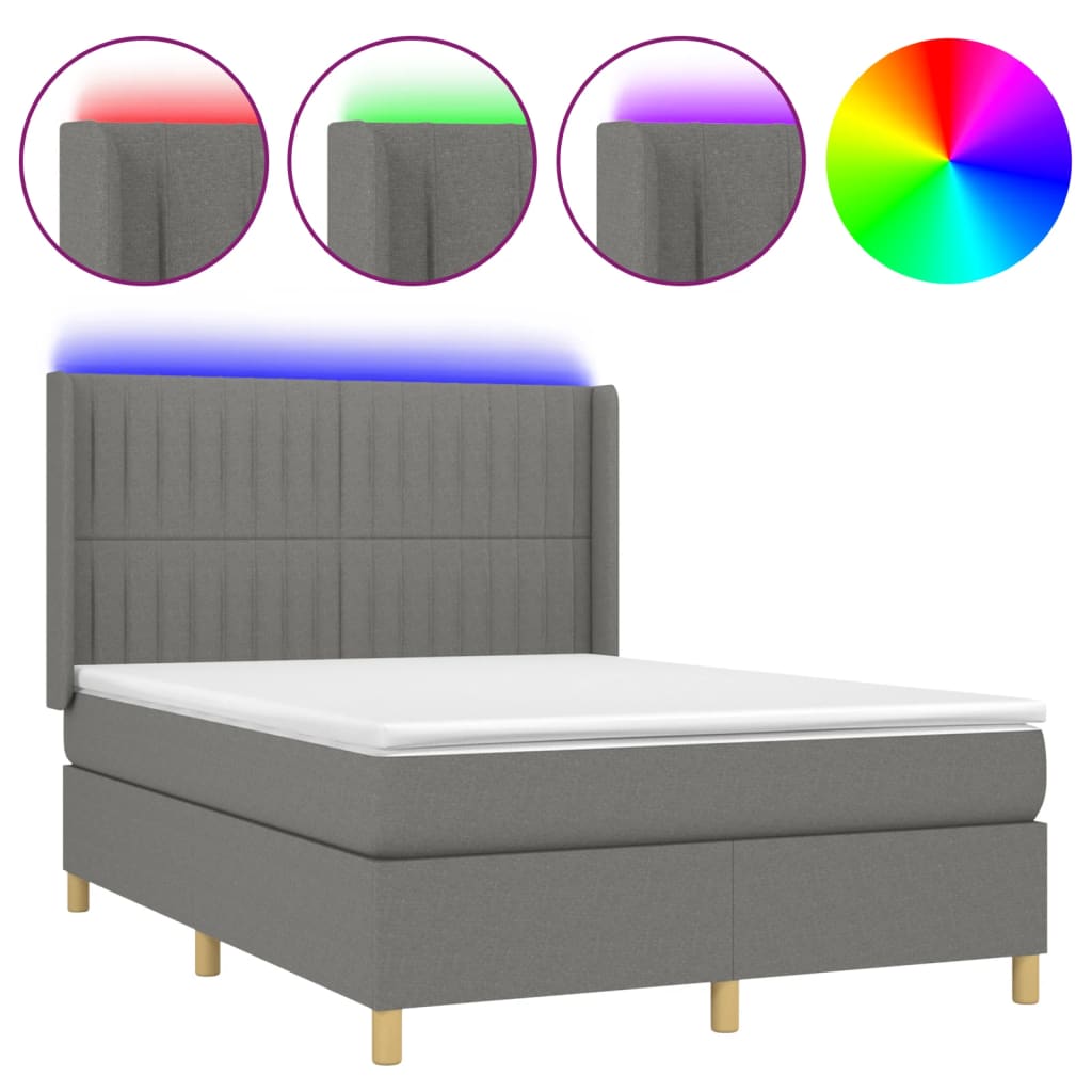 sötétszürke szövet rugós és LED-es ágy matraccal 140x190 cm