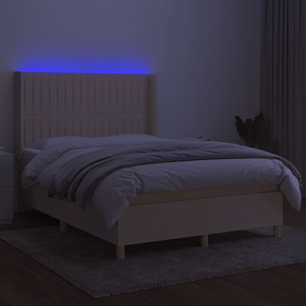 krémszínű szövet rugós és LED-es ágy matraccal 140x200 cm