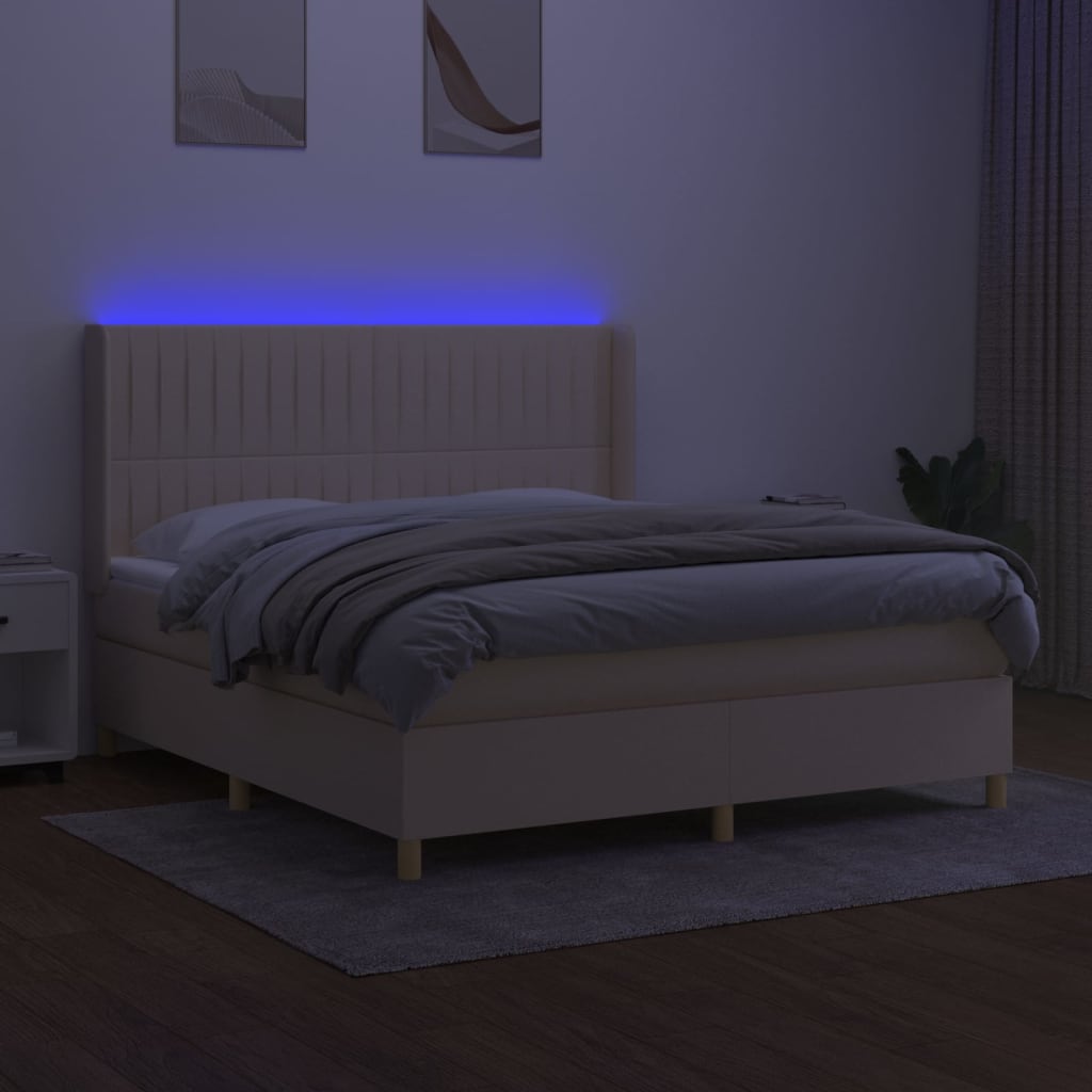 krémszínű szövet rugós és LED-es ágy matraccal 160x200 cm