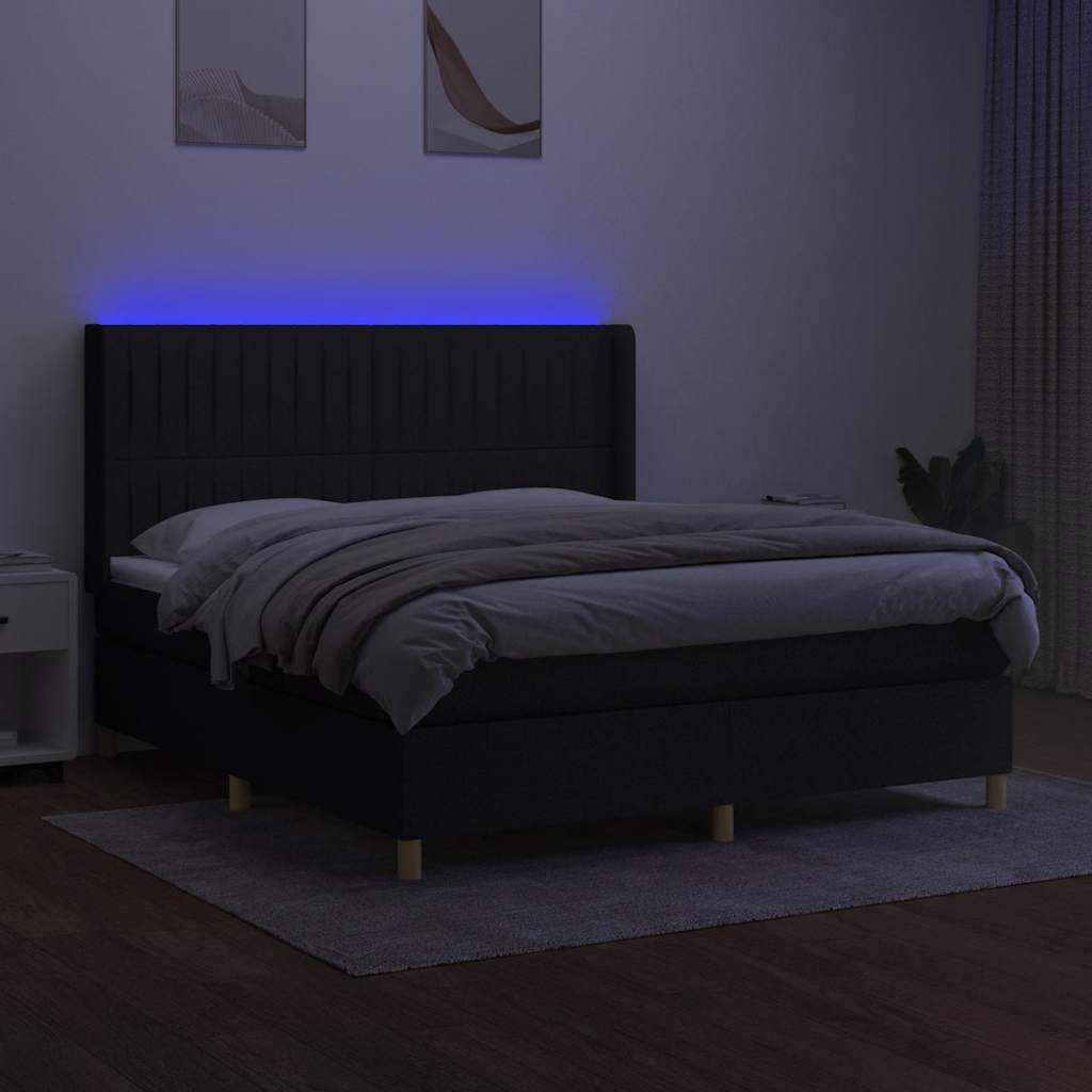 fekete szövet rugós és LED-es ágy matraccal 180 x 200 cm