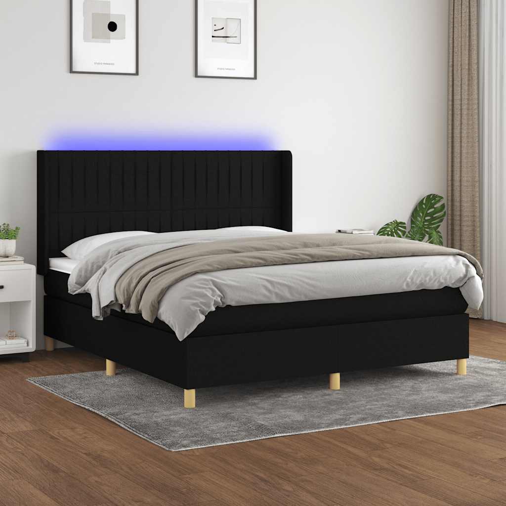 fekete szövet rugós és LED-es ágy matraccal 180 x 200 cm
