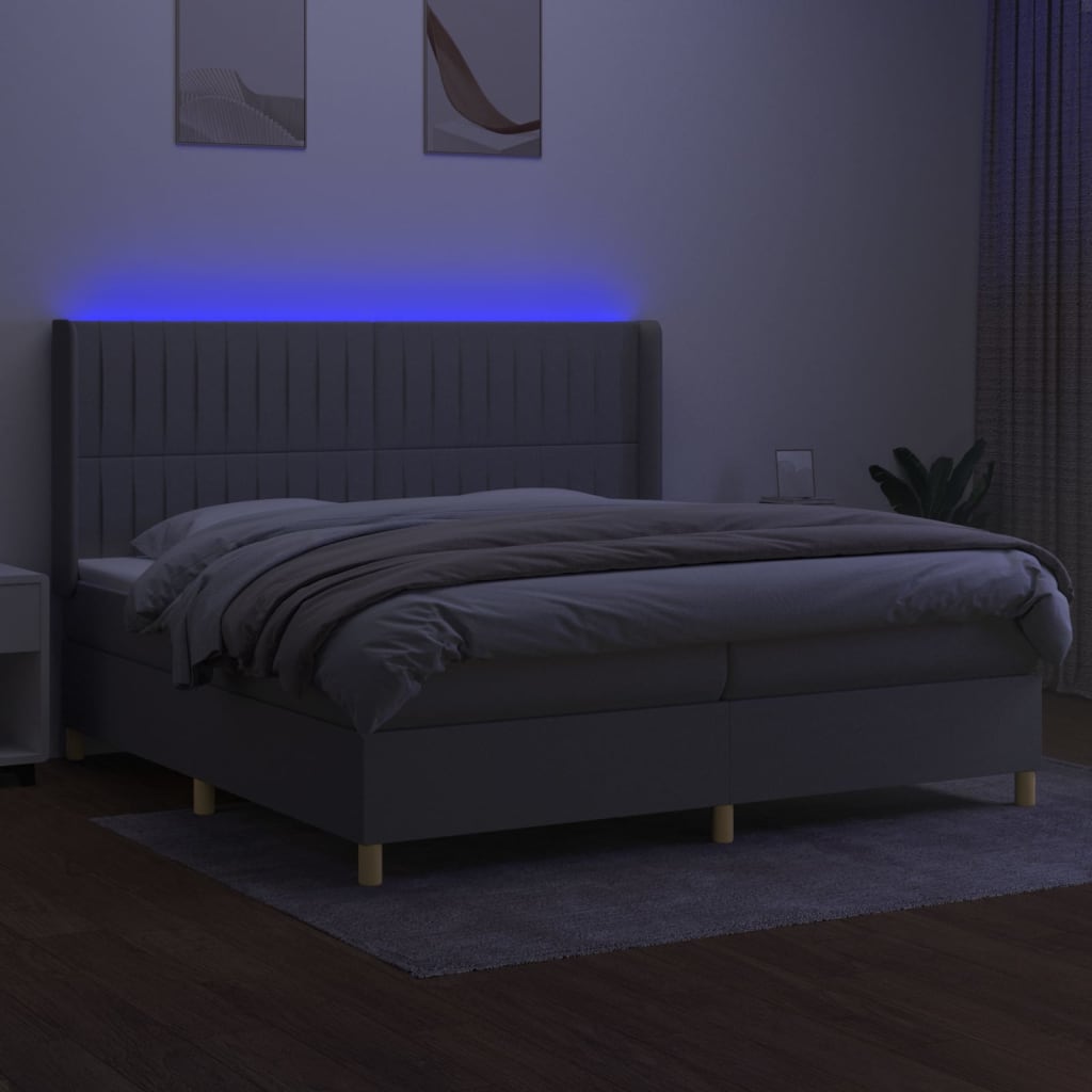 világosszürke szövet rugós és LED-es ágy matraccal 200x200 cm