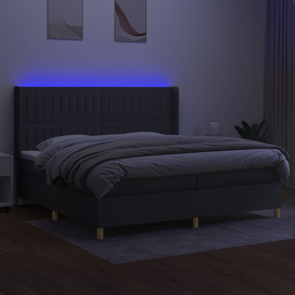 sötétszürke szövet rugós és LED-es ágy matraccal 200x200 cm