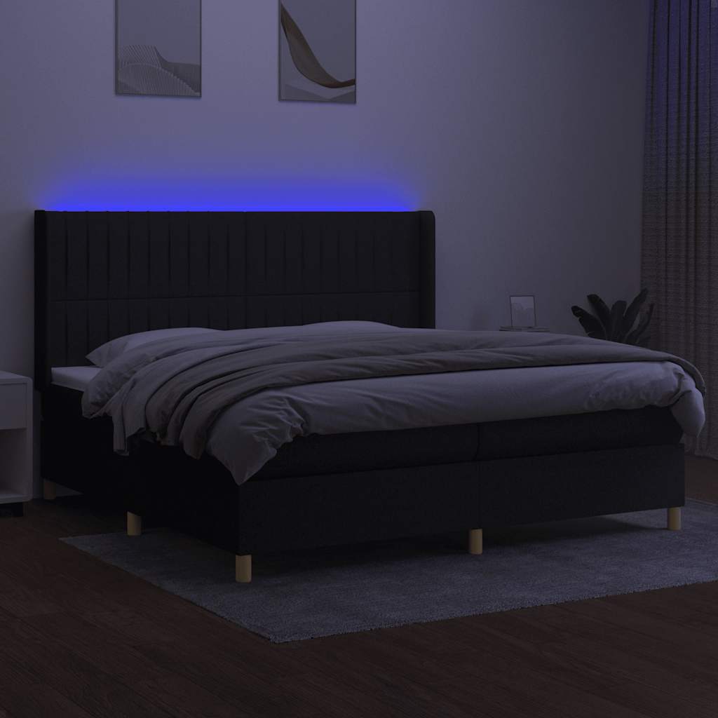 fekete szövet rugós és LED-es ágy matraccal 200x200 cm