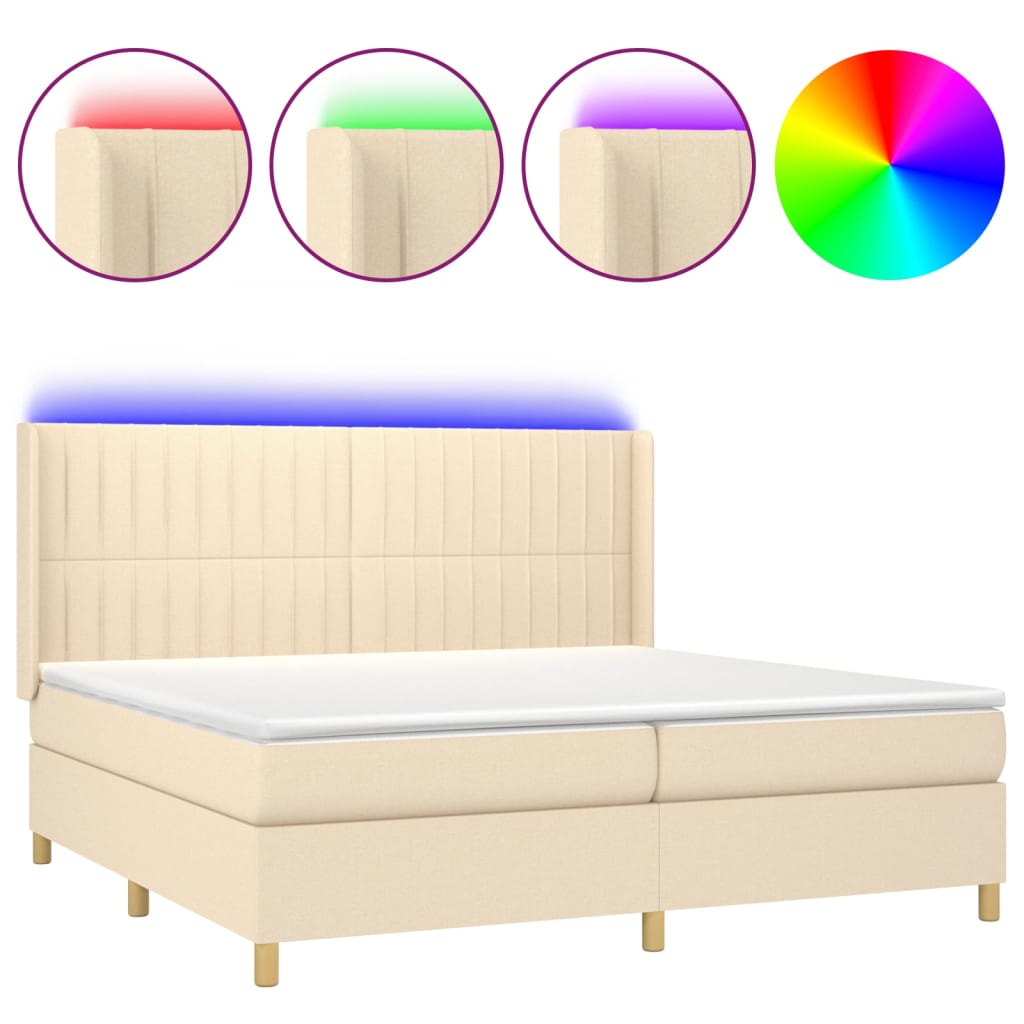 krémszínű szövet rugós és LED-es ágy matraccal 200 x 200 cm