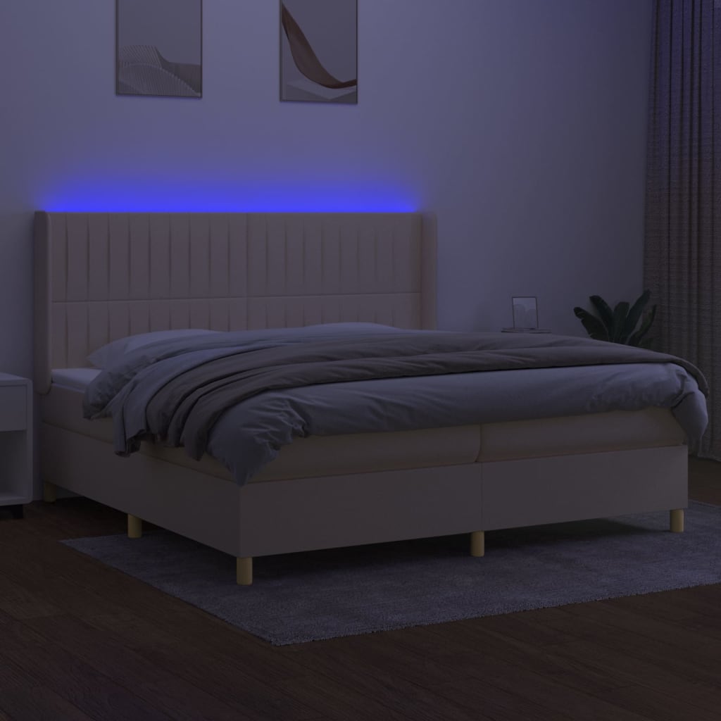 krémszínű szövet rugós és LED-es ágy matraccal 200 x 200 cm