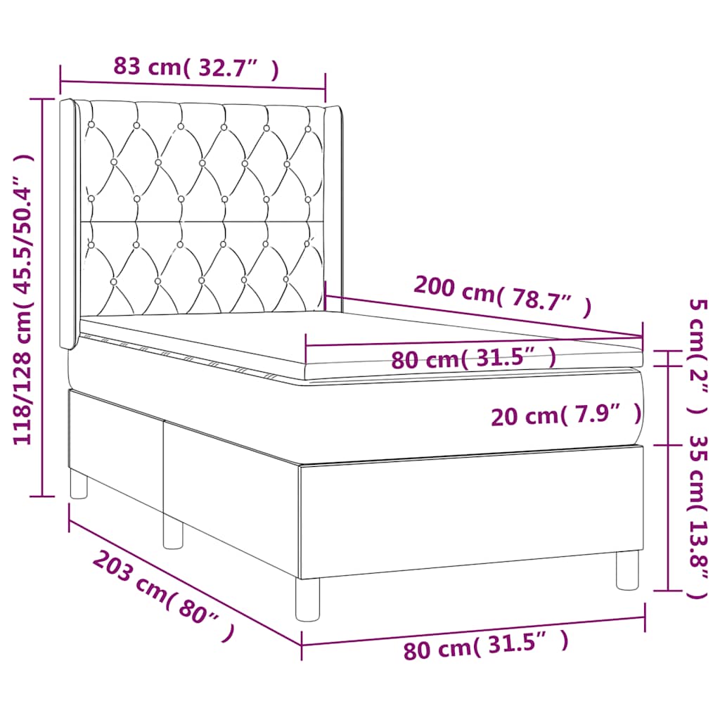 fekete szövet rugós és LED-es ágy matraccal 80 x 200 cm