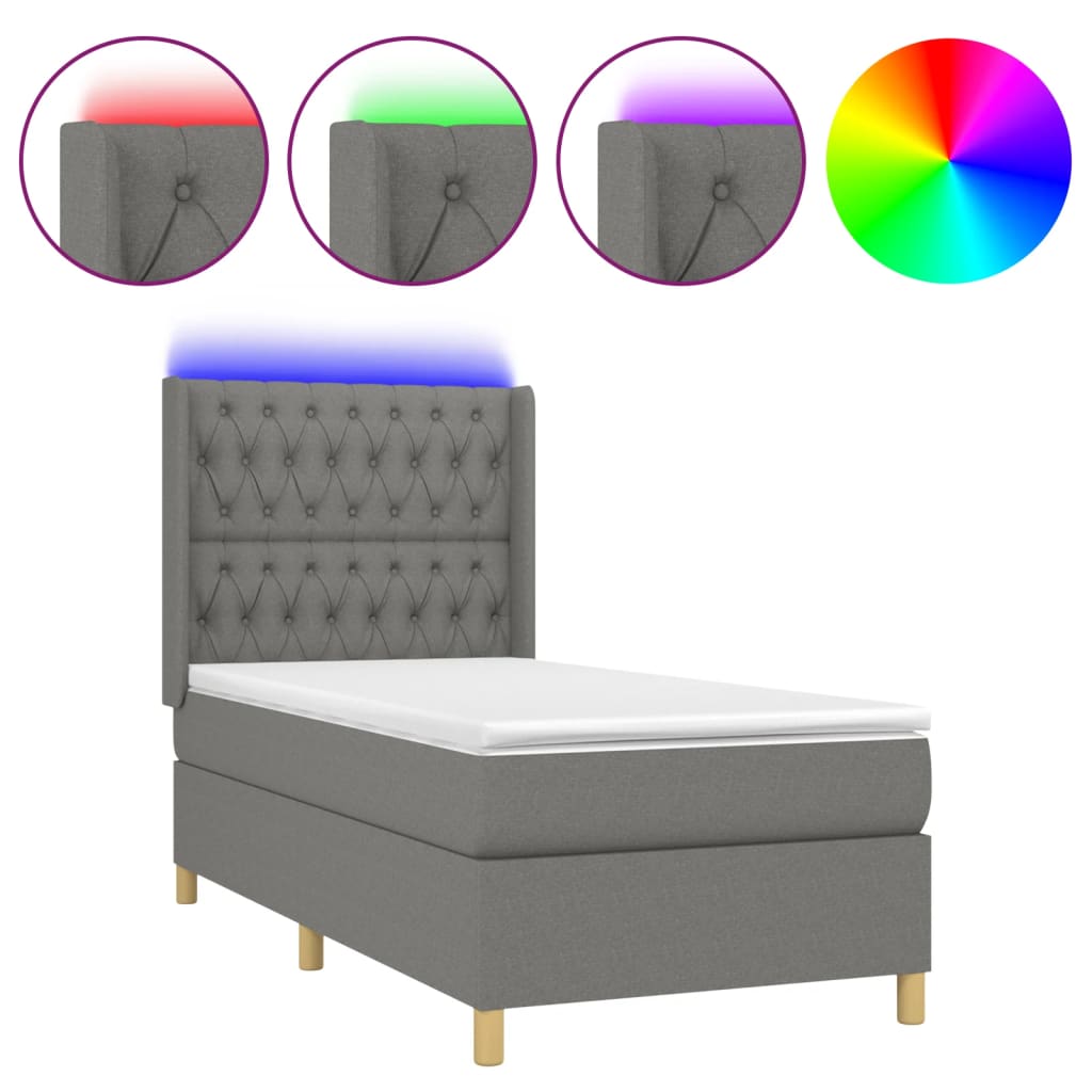 sötétszürke szövet rugós és LED-es ágy matraccal 90x190 cm