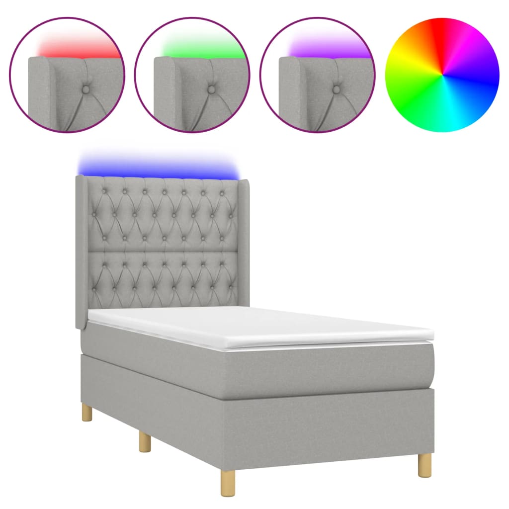világosszürke szövet rugós és LED-es ágy matraccal 90x200 cm