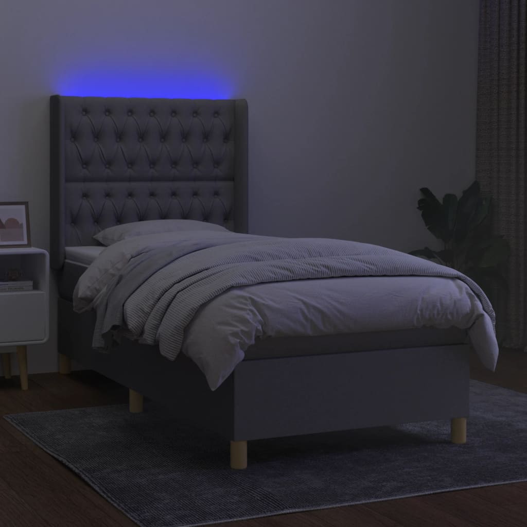 világosszürke szövet rugós és LED-es ágy matraccal 90x200 cm