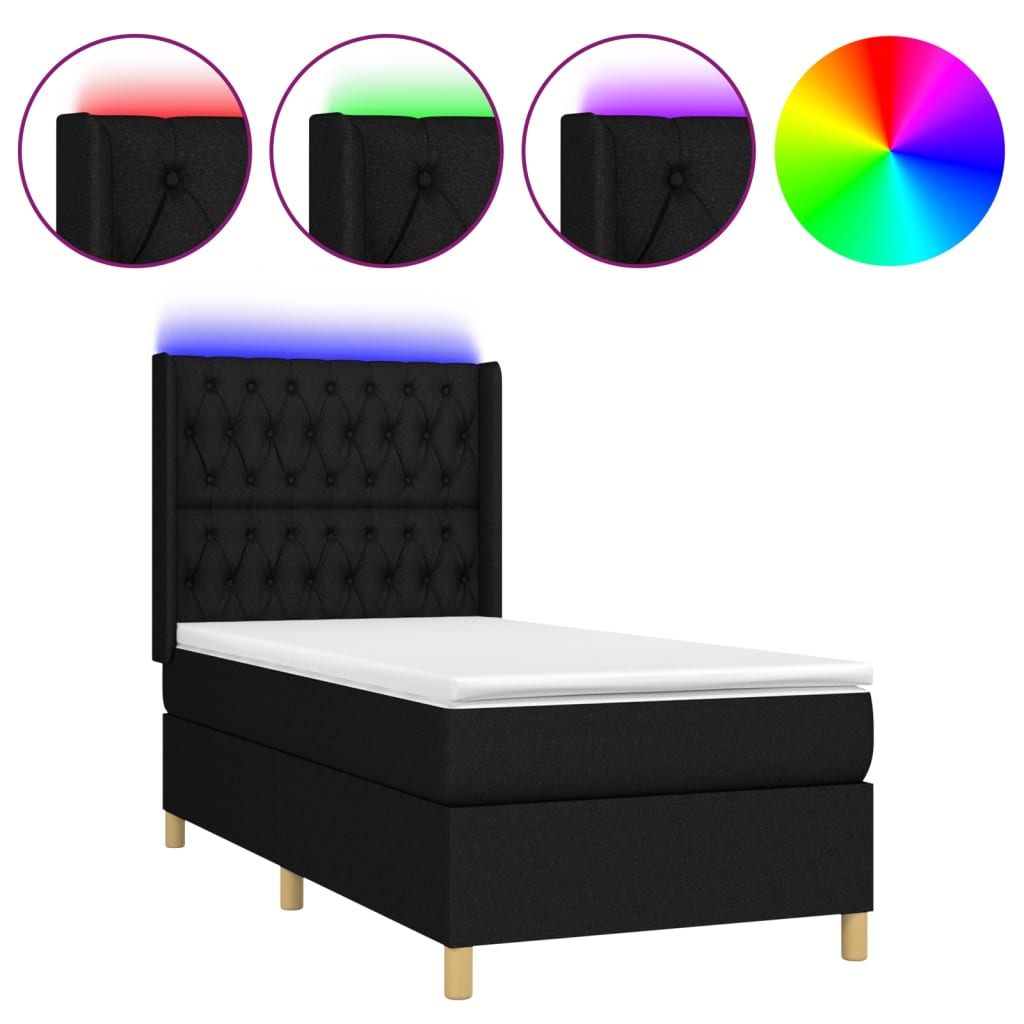 fekete szövet rugós és LED-es ágy matraccal 90x200 cm