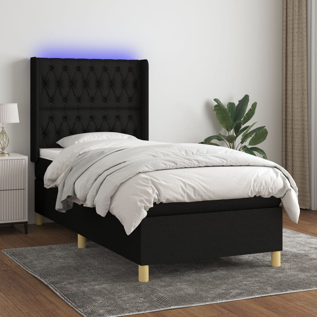 fekete szövet rugós és LED-es ágy matraccal 90x200 cm